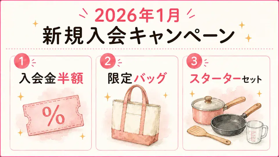 [終了2026/01]入会金半額＋3コース同時入会でバッグ＋スターターセットのキャンペーン図解