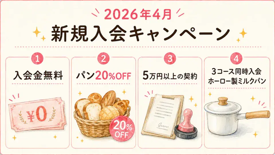 [終了2026/04]入会金無料＋パン系20%オフ＋5万円以上で家電1点のキャンペーン図解