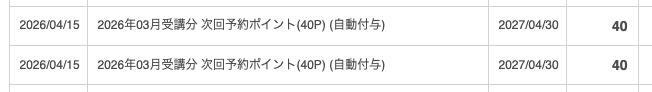 2026年4月15日に40ポイントが付与され、有効期限が2027年4月30日と表示されたポイント履歴