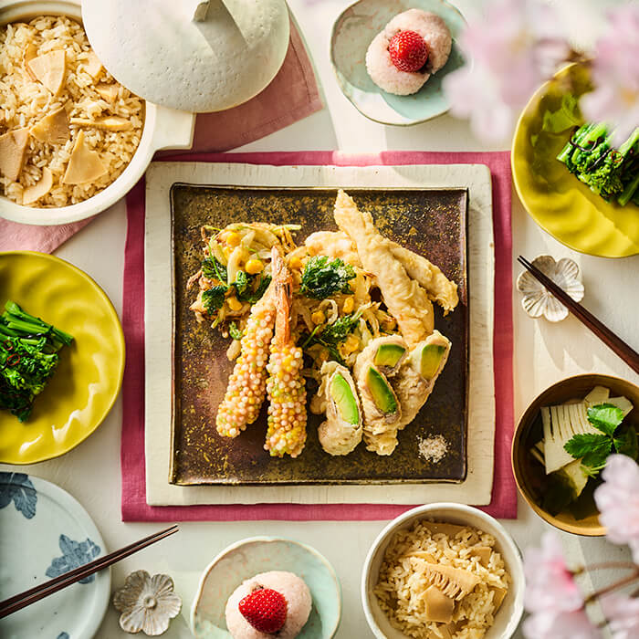 Cメニュー:旬を味わう 春の天ぷらといちご桜餅